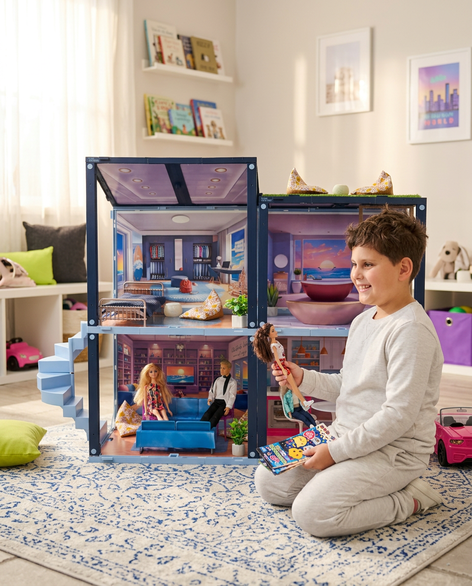 A happy child playing with a modular snap-together playset