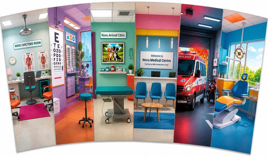 Medical centre scene panels: waiting room, clinic and ambulance