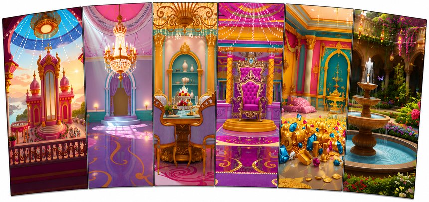 Palace scene panels: throne rooms and ornate interiors