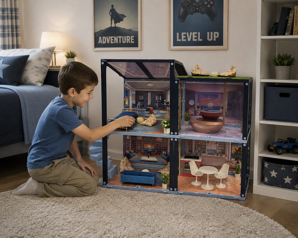 A child playing with a large SnapScenes house build