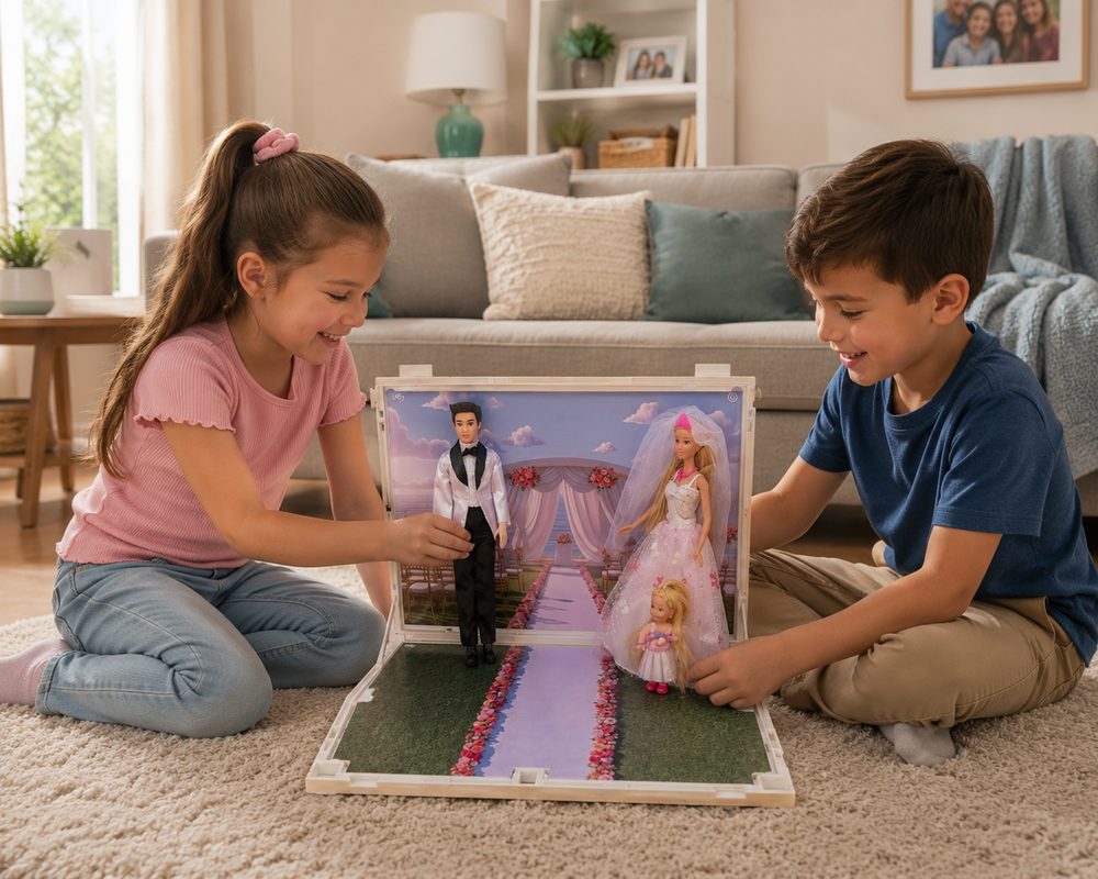 Children playing with a small SnapScenes wedding scene