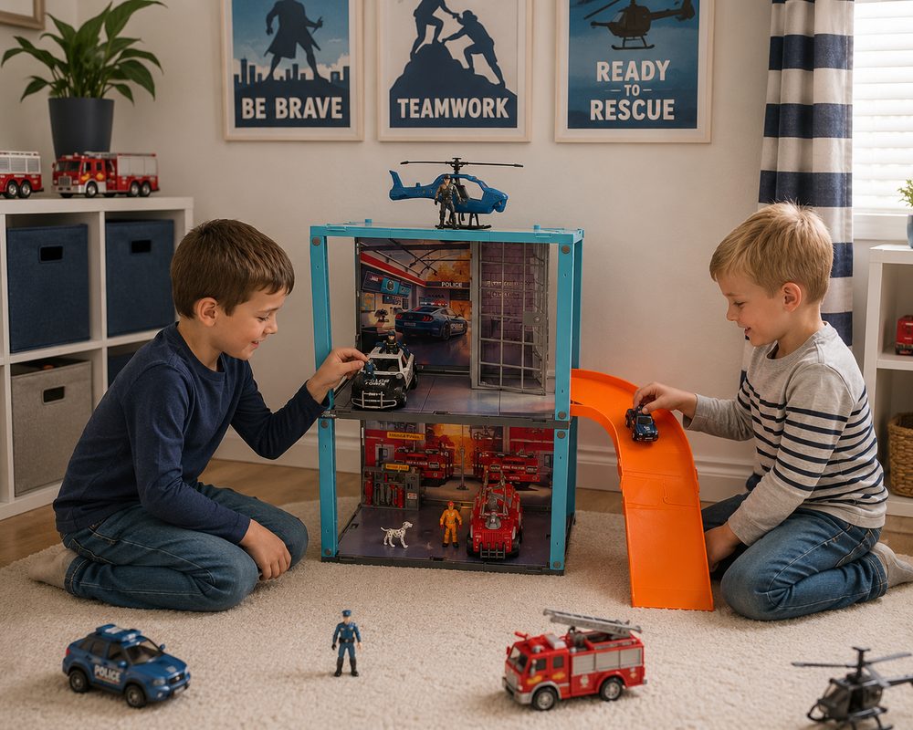 Children playing with a small SnapScenes fire rescue scene