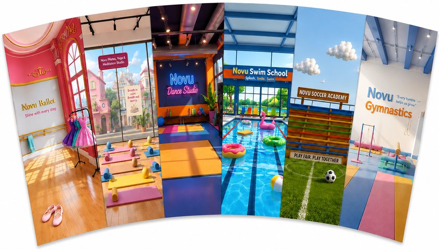 Recreation centre scene panels: swim school, gymnastics and soccer