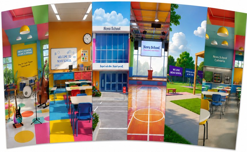 School scene panels: classroom, school building and playground